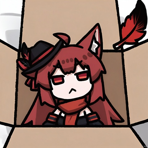  :<, ahoge,  in_container, in_box, tail, solo, chibi, box, looking_at_viewer, virtual_youtuber, fox_ears, frown ,

1girl, solo,red hair, hat, hat feather, red scarf,