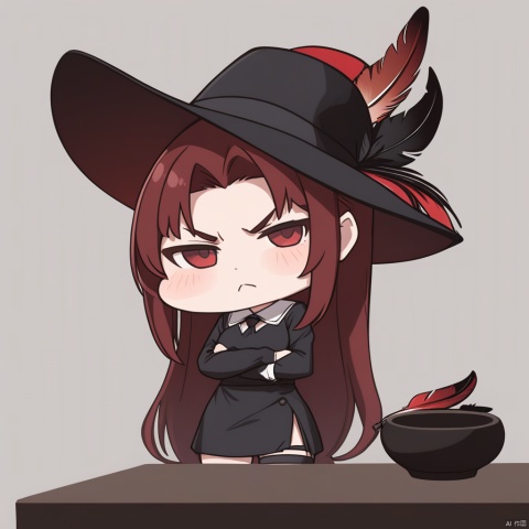 mesugaki, masterpiece, best quality, 1girl, red hair, hat, hat feather, scowl, chibi, Simple background,white background,