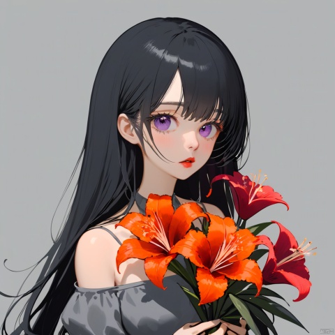  1girl, solo, best quality, aesthetic, white background, floral background, grey background, upper body, looking at viewer, holding flower, holding bouquet, mole under mouth, parted lips, grey eyes, hair over one eye, black hair, long hair, bangs, mole on breast, cleavage, blood, off shoulder, vase, spider lily, lily \(flower\), camellia, daisy, white flower, hibiscus, tulip, red rose, orange flower, purple flower