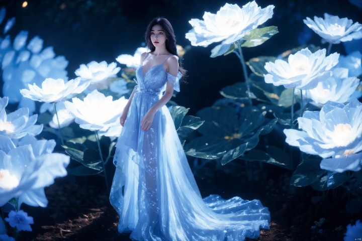  Best quality, masterpieces, surrealism, faguang,purple hair,1girl, solo, long hair, black hair, dress, bare shoulders, brown eyes, standing, full body, flower, (blue dress:1.3),(white flower:1.3),(sparkle:1.3), purple hair