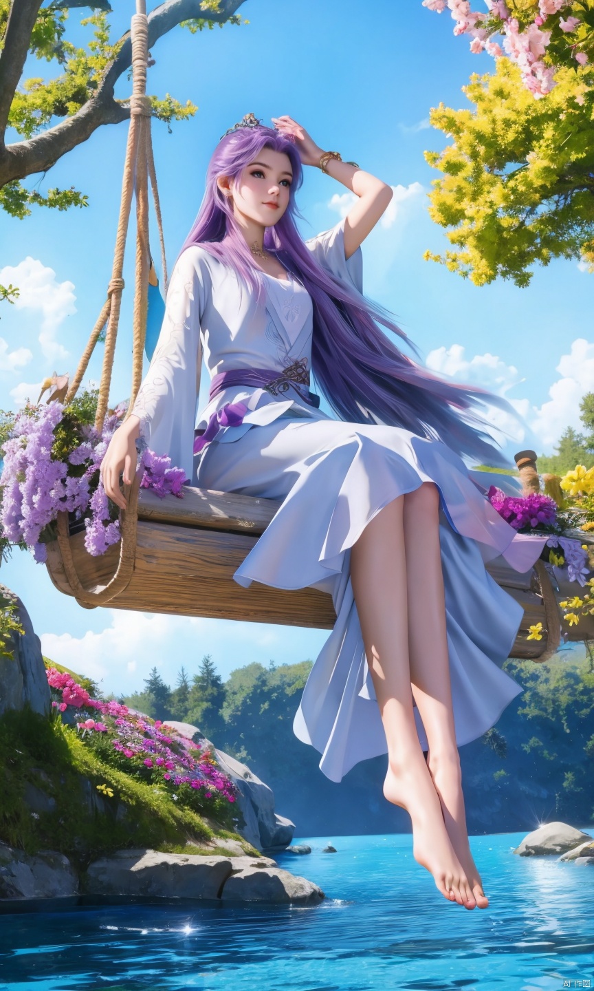 masterpiece,best quality,official art,unity 8k wallpaper,Brilliant colors,exaggerated art,
1girl,solo,,long purple_hair,purple dress,
water, dress, barefoot, anklet, bare legs, jewelry, feet, branch, swing, flower, hair ornament, blue sky, full body, solo, sky, fish, soles, sitting, splashing, bird, toes, 