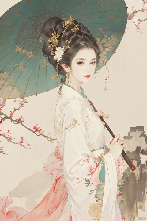  ((4k,masterpiece,best quality)), professional camera, 8k photos, wallpaper,
1girl, solo, long hair, looking at viewer, black hair, hair ornament, long sleeves, dress, holding, sitting, closed mouth, flower, hair flower, wide sleeves, white dress, umbrella, chinese clothes, cherry blossoms, stairs, holding umbrella, branch, oil-paper umbrella, meiren-red lips, youcai