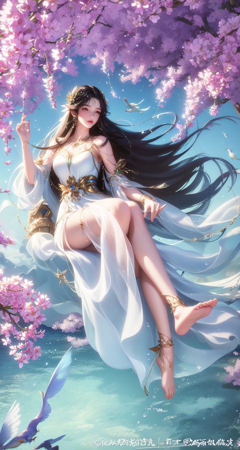 ((4k,masterpiece,best quality)),Realism,photography,
1girl, long hair, water, dress, barefoot, anklet, brown hair, bare legs, jewelry, feet, branch, swing, flower, hair ornament, blue sky, full body, solo, sky, white dress, fish, soles, sitting, splashing, bird, toes, green dress