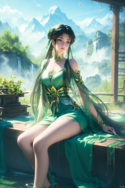 ((4k,masterpiece,best quality)),Realism,photography, 1girl, long hair, mountain, dress, green dress, hair ornament, jewelry, brown hair, facial mark, forehead mark, chinese clothes, solo, bare legs, 