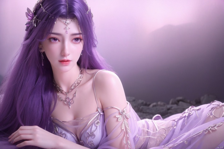 ((4k,masterpiece,best quality)), professional camera, 8k photos, wallpaper,
purple hair,hair ornament,[nms_outfit:0.8],
1girl, solo, long hair, looking at viewer, hair ornament, dress, bare shoulders, jewelry, purple eyes, purple hair, earrings, lying, necklace, white dress, expressionless, on stomach, pillar