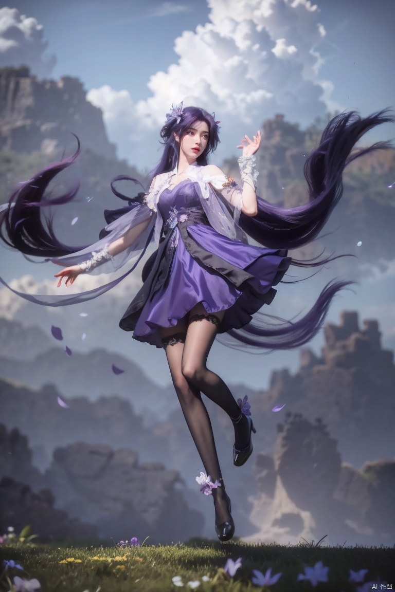  Best quality, masterpieces, surrealism,
1girl, solo, long hair, purple hair, purple hair, hair ornament, thighhighs, dress, full body, flower, (purple dress:1.3), purple hair,Scattered petals,Grass, flowers, grass, standing on the grass, flowers, butterflies, butterflies, blue sky and white clouds, skirts fluttering in the wind,