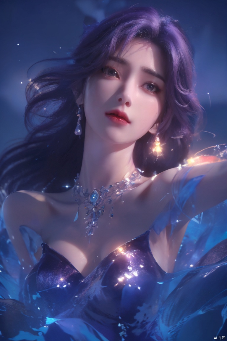  ((4k,masterpiece,best quality)), professional camera, 8k photos, wallpaper,luokeke,
1girl, solo, long hair, black hair, (dress:1.3), bare shoulders, jewelry, eyes, earrings, outdoors, sky, sparkle_water, necklace, dress, lips, sparkle, night, floating hair, wind, red lips,
Seaside, sea, blue water, glowing water, rippling water,, yuechan, purple hair, luokeke