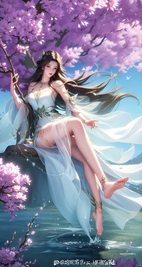 ((4k,masterpiece,best quality)),Realism,photography,
1girl, long hair, water, dress, barefoot, anklet, brown hair, bare legs, jewelry, feet, branch, swing, flower, hair ornament, blue sky, full body, solo, sky, white dress, fish, soles, sitting, splashing, bird, toes, green dress