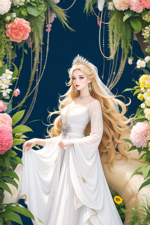 masterpiece,best quality,official art,unity 8k wallpaper,Brilliant colors,exaggerated art,
1girl, solo, long hair, looking at viewer, blonde hair, hair ornament, long sleeves, dress, brown eyes, jewelry, closed mouth, flower, white hair, earrings, white dress, from side, lips, animal, wavy hair, tiara, plant, veil, yellow flower, tiger, white tiger