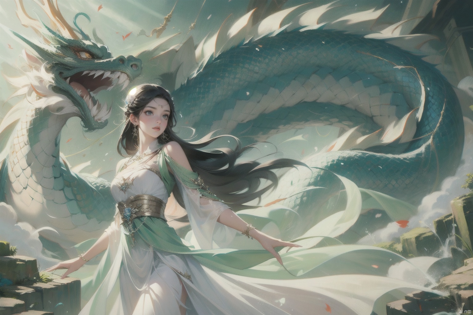  ((4k,masterpiece,best quality)), 
ruomeng135, 1girl, solo,long hair, black hair, dress, dragon, jewelery