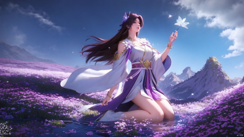 masterpiece,best quality,official art,unity 8k wallpaper,Brilliant colors,exaggerated art,
1girl,solo,bracelet,flower,long purple_hair,purple dress,otus, hair ornament, bare legs, sky, jewelry, lily pad, bug, flower, mountain, solo, sitting, water, blue sky, butterfly, brown hair, chinese clothes, purple hair, 