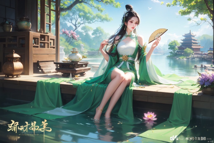 ((4k,masterpiece,best quality)),Realism,photography,1girl, long hair, dress, green dress, sitting, bare legs, flower, black hair, solo, water, barefoot, hair ornament, lotus, forehead mark, hair bun, hand fan, chinese clothes