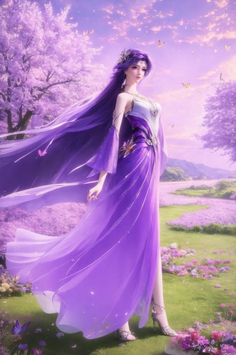 masterpiece,best quality,official art,unity 8k wallpaper,Brilliant colors,exaggerated art,
1girl,solo,long hair ,purple hair,purple dress,dress,Medium chest, full body, frontal, high heels,Blue sky and white clouds, branches, butterflies, flowers, flowers,
