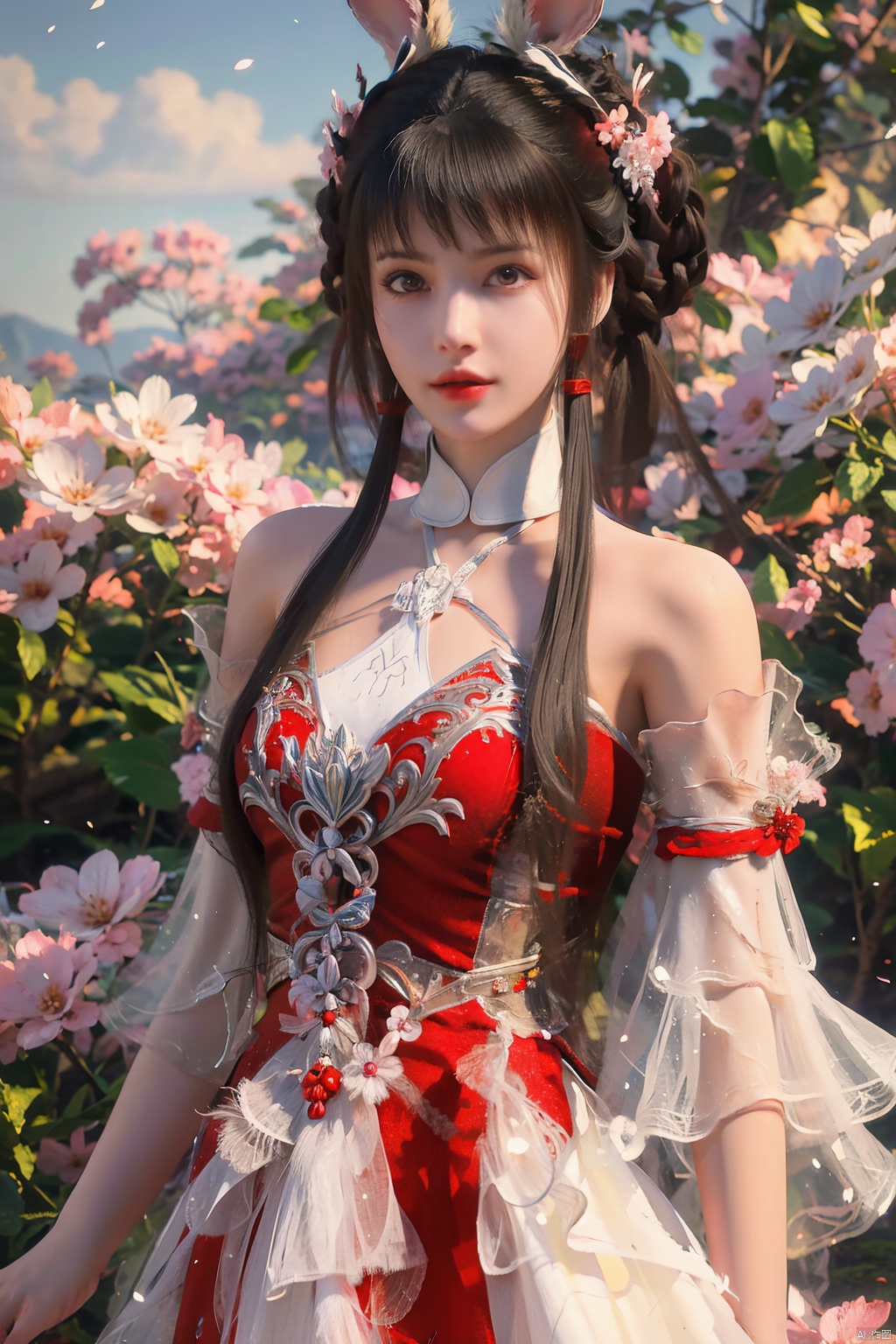  ((4k,masterpiece,best quality)), professional camera, 8k photos, wallpaper, 
 1girl, solo, long hair, breasts, hair ornament, red eyes, thighhighs, (red_dress:1.5), animal ears, bare shoulders, standing, full body, white pantyhose:1.5),flower, outdoors, sky, day, hair flower, water, hair bun, rabbit ears, high heels, white thighhighs, tree, see-through, petals, double bun, short dress, white footwear, cherry blossoms, pink dress, mountain, rabbit girl, meiren-red lips