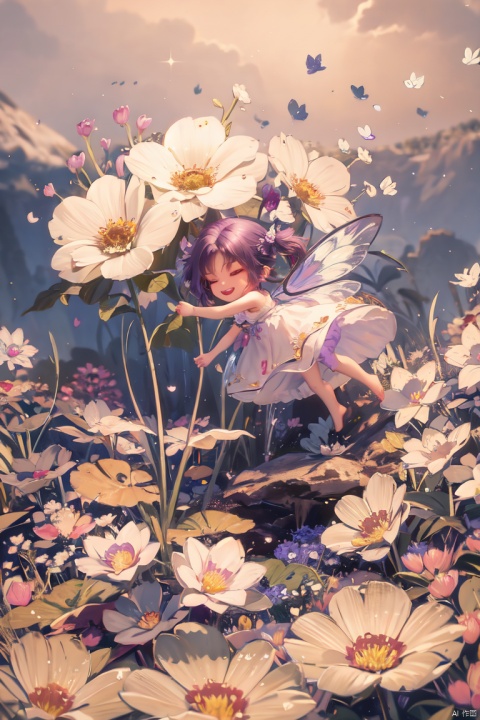((4k,masterpiece,best quality)), professional camera, 8k photos, wallpaper, 
purple hair1g,1girl, solo, blush, smile, short hair, bangs, blonde hair, hair ornament, dress, holding, twintails, closed mouth, closed eyes, flower, wings, barefoot, chibi, white dress, book, bare arms, leaf, short twintails, blue flower, fairy