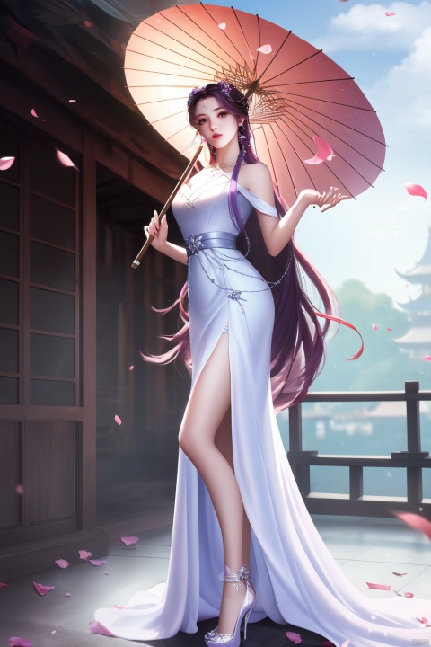 ((4k,masterpiece,best quality)),Realism,photography, Purple hair, 
1girl, umbrella, dress, long hair, solo, white dress, forehead mark, holding umbrella, facial mark, holding, full body, brown hair, chinese clothes, high heels, falling petals, hair ornament, petals, jewelry, beads