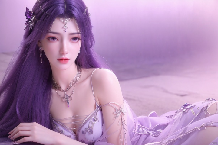 ((4k,masterpiece,best quality)), professional camera, 8k photos, wallpaper,
purple hair,hair ornament,[nms_outfit:0.8],
1girl, solo, long hair, looking at viewer, hair ornament, dress, bare shoulders, jewelry, purple eyes, purple hair, earrings, lying, necklace, white dress, expressionless, on stomach, pillar