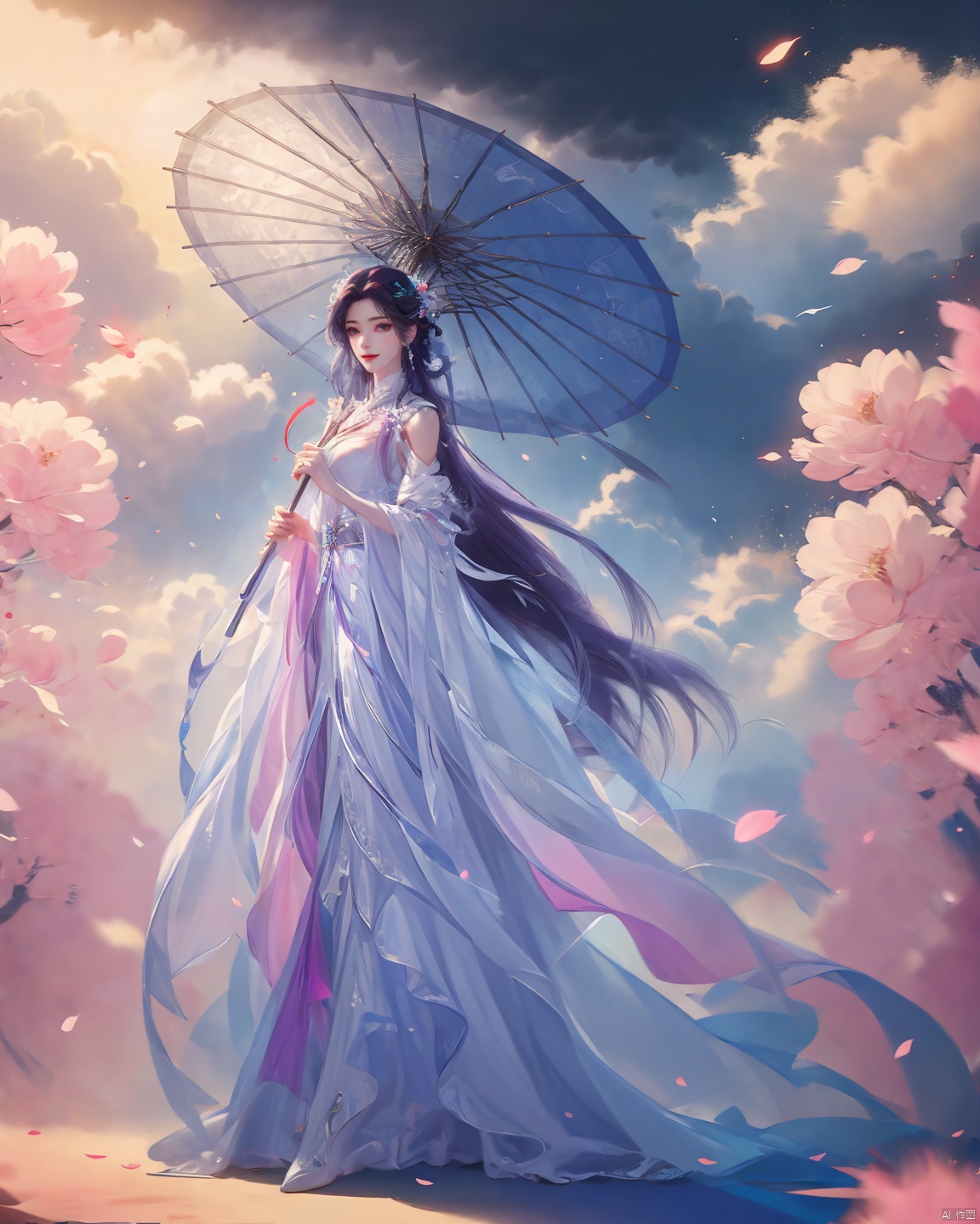  ((4k,masterpiece,best quality)), professional camera, 8k photos, wallpaper,
purple hair,1girl,solo,jianlai,holding umbrella,oil-paper umbrella,parasol,umbrellared umbrella,shared umbrella,transparent umbrella,pink umbrella,white umbrella,long hair,holding,black umbrella,blue umbrella,dress,rain,solo,see-through,jewelry,earrings,white dress,full body,standing,purple umbrella,black hair,smile,flower,very long hair,petals, meiren-red lips, ruhua