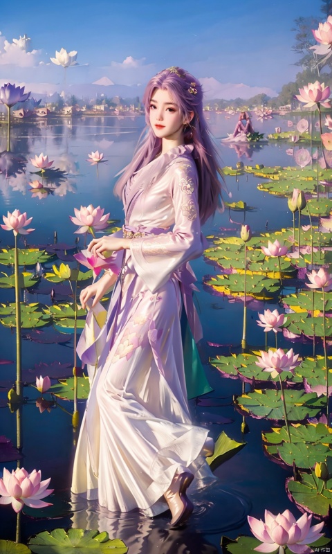 masterpiece,best quality,official art,unity 8k wallpaper,Brilliant colors,exaggerated art, 1girl,solo,,long purple_hair,purple dress, lotus, , dress, flower, water, leaf,Stand,looking-at-viewer,,(Holding a lotus flower:1.5), , sd_mai, youcai, meiren-red lips