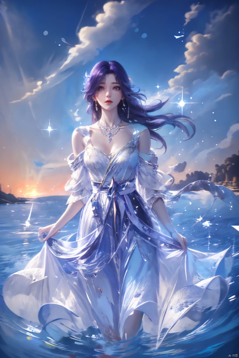  ((4k,masterpiece,best quality)), professional camera, 8k photos, wallpaper
purple hair,1girl, solo, long hair, brown hair, dress, bare shoulders, jewelry, eyes, earrings, outdoors, sky, sparkle_water, necklace, white dress, lips, sparkle, night, floating hair, wind, dress, red lips,
Seaside, sea, blue water, glowing water, rippling water,