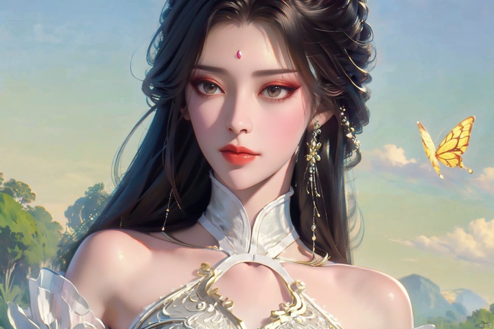  ((4k,masterpiece,best quality)), 
 professional camera, 8k photos, wallpaper,
1 girl ,solo,yuechan ,bare shoulders,jewelry, long hair, black hair, updos, hair accessoriesdress,eyelashes,eyeshadow,(mole:1.2) ,Perfect female figure,
butterfly,Flowers, , tutult