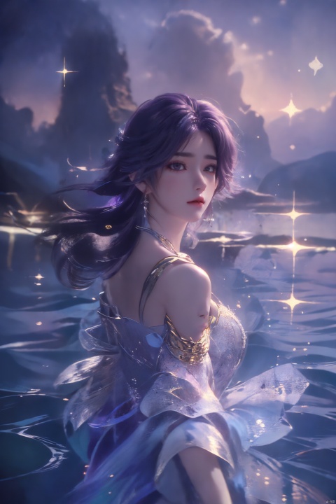  ((4k,masterpiece,best quality)), professional camera, 8k photos, wallpaper,luokeke,
1girl, solo, long hair, black hair, (dress:1.3), bare shoulders, jewelry, eyes, earrings, outdoors, sky, sparkle_water, necklace, dress, lips, sparkle, night, floating hair, wind, red lips,
Seaside, sea, blue water, glowing water, rippling water,, yuechan, purple hair, luokeke