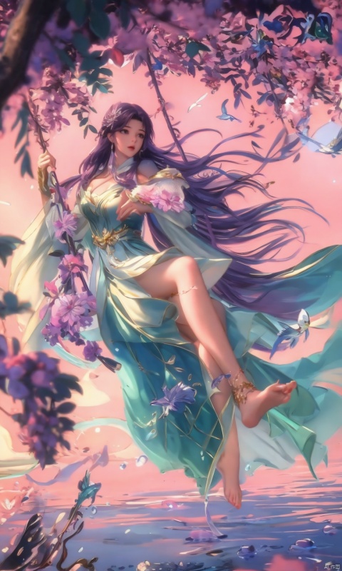 masterpiece,best quality,official art,unity 8k wallpaper,Brilliant colors,exaggerated art,
1girl,solo,,long purple_hair,purple dress,
water, dress, barefoot, anklet, bare legs, jewelry, feet, branch, swing, flower, hair ornament, blue sky, full body, solo, sky, fish, soles, sitting, splashing, bird, toes, green dress