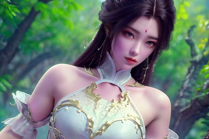  ((4k,masterpiece,best quality)), l
Photography, surreal photography, professional camera, 8k photos, wallpaper,
1 girl ,solo,yuechan ,bare shoulders,jewelry, eyelashes,eyeshadow,mole , mole under eye,Perfect female figure,(Upper body:1.1)
, ruomeng135,chinese clothes, forest, hair ornament,