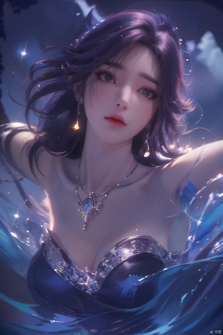  ((4k,masterpiece,best quality)), professional camera, 8k photos, wallpaper,luokeke,
1girl, solo, long hair, black hair, (dress:1.3), bare shoulders, jewelry, eyes, earrings, outdoors, sky, sparkle_water, necklace, dress, lips, sparkle, night, floating hair, wind, red lips,
Seaside, sea, blue water, glowing water, rippling water,, yuechan, purple hair, luokeke