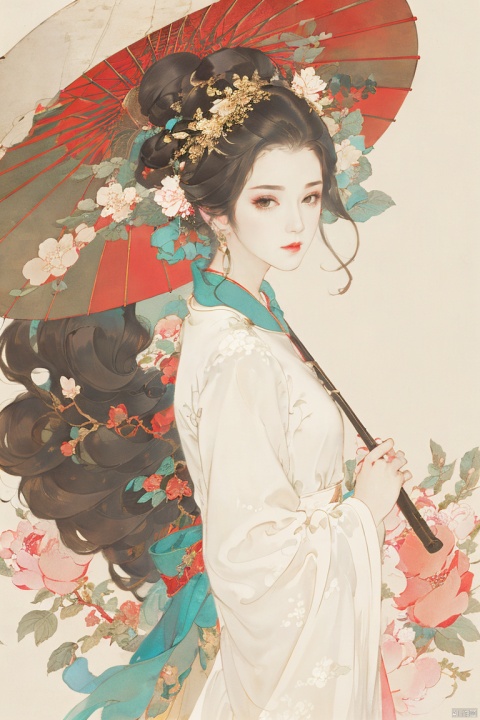  ((4k,masterpiece,best quality)), professional camera, 8k photos, wallpaper,
1girl, solo, long hair, looking at viewer, black hair, hair ornament, long sleeves, dress, holding, sitting, closed mouth, flower, hair flower, wide sleeves, white dress, umbrella, chinese clothes, cherry blossoms, stairs, holding umbrella, branch, oil-paper umbrella, meiren-red lips, youcai