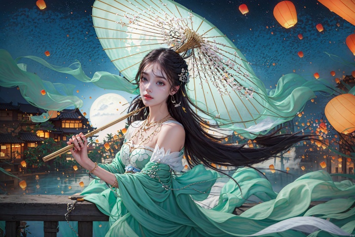  masterpiece,(best quality),official art, extremely detailed cg 8k wallpaper,((crystalstexture skin)), (extremely delicate and beautiful),highly detailed
ruomeng, full moon, moon, night, night sky, oil-paper umbrella, star \(sky\), starry sky, umbrella, sky, crescent moon, shooting star, parasol, holding umbrella, planet, lantern, paper lantern, jewelry, 1girl, long hair, red umbrella, moonlight, skyline, space, constellation, castle, hanfu, necklace, solo, building, earth \(planet\), starry sky print, bracelet, galaxy, aurora, city, cloud, pagoda, Chinese style
