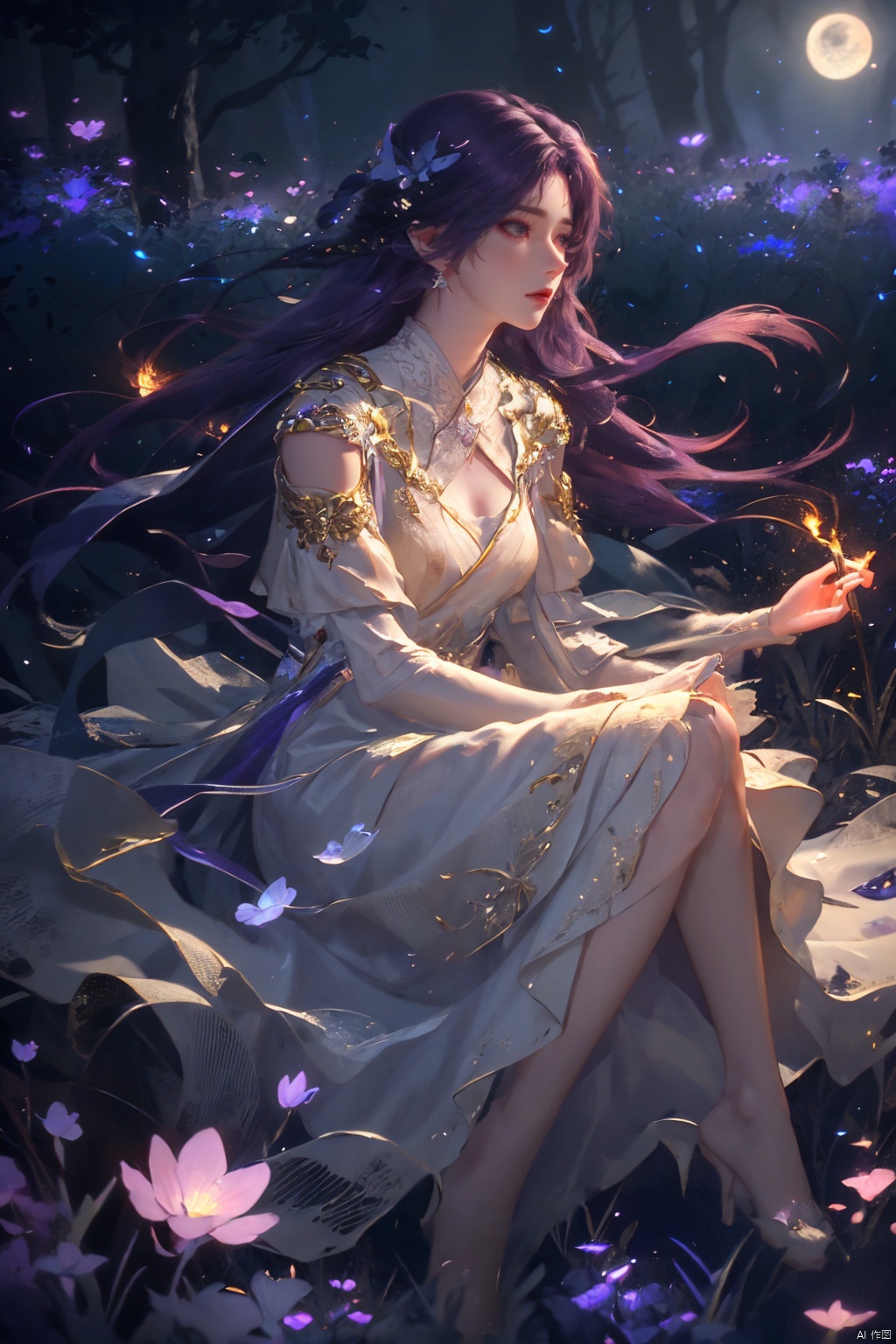  ((4k,masterpiece,best quality)), professional camera, 8k photos, wallpaper
1 girl, solo,purple hair,ethereal fairy, floating on clouds, sparkling gown with iridescent butterfly wings, holding a magic wand, surrounded by dancing fireflies, twilight sky, full moon, mystical forest in the background, glowing mushrooms, enchanted flowers, softly illuminated by bioluminescence, serene expression, delicate features with pointed ears, flowing silver hair adorned with tiny stars, gentle breeze causing her dress and hair to flow ethereally, dreamlike atmosphere, surreal color palette, high dynamic range lighting, intricate details, otherworldly aesthetic.