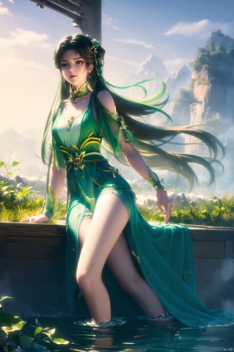 ((4k,masterpiece,best quality)),Realism,photography, 1girl, long hair, mountain, dress, green dress, hair ornament, jewelry, brown hair, facial mark, forehead mark, chinese clothes, solo, bare legs, 