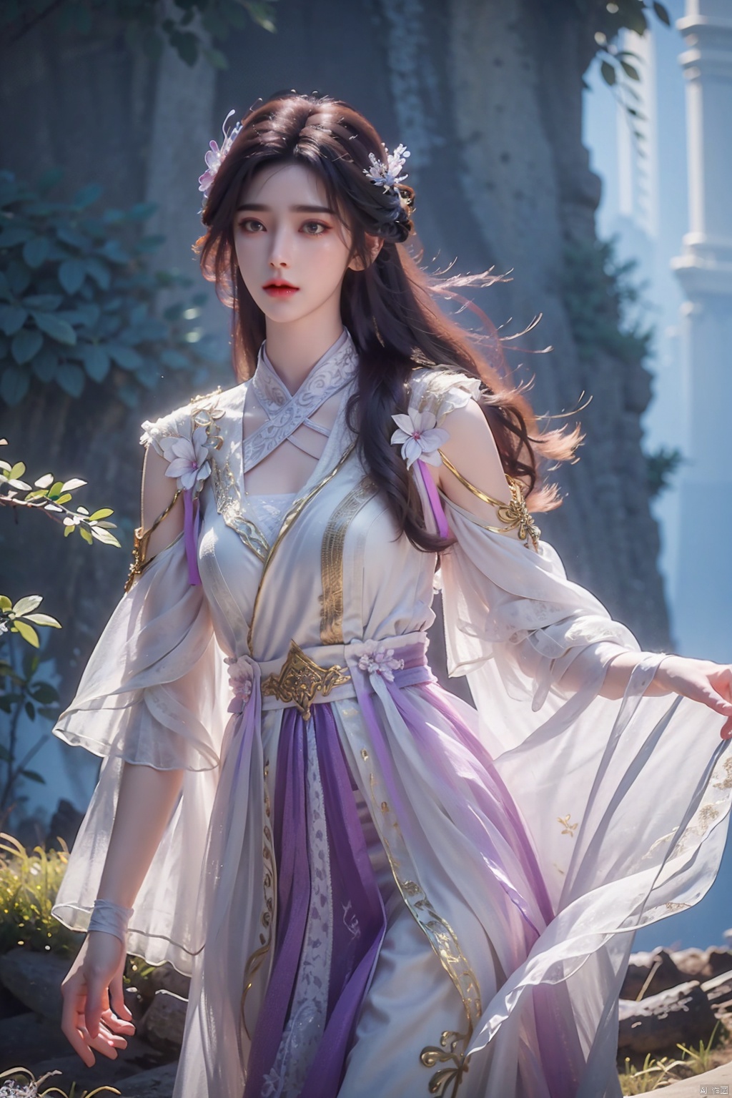  purple hair,1girl, solo, long hair, hair ornament, long sleeves, dress, , ruhua, youcai
