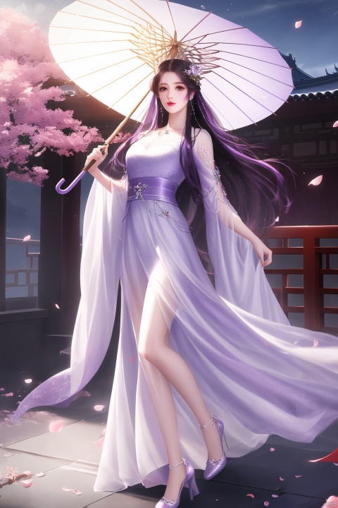 ((4k,masterpiece,best quality)),Realism,photography, Purple hair, 
1girl, umbrella, dress, long hair, solo, white dress, forehead mark, holding umbrella, facial mark, holding, full body, brown hair, chinese clothes, high heels, falling petals, hair ornament, petals, jewelry, beads