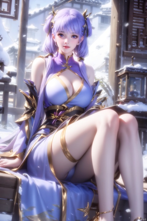 ((4k,masterpiece,best quality)),Realism,photography, Purple hair, 
1girl, solo, long hair, breasts, looking at viewer, bangs, large breasts, hair ornament, dress, cleavage, twintails, sitting, closed mouth, underwear, panties, outdoors, detached sleeves, day, lips, clothing cutout, bare legs, chinese clothes, pantyshot, cleavage cutout, snow,