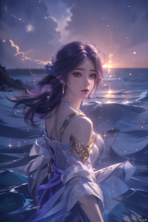  ((4k,masterpiece,best quality)), professional camera, 8k photos, wallpaper,luokeke,
1girl, solo, long hair, black hair, (dress:1.3), bare shoulders, jewelry, eyes, earrings, outdoors, sky, sparkle_water, necklace, dress, lips, sparkle, night, floating hair, wind, red lips,
Seaside, sea, blue water, glowing water, rippling water,, yuechan, purple hair, luokeke