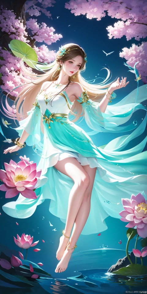 masterpiece,best quality,official art,unity 8k wallpaper,Brilliant colors,exaggerated art,
1girl,solo,bracelet,flower,long hair,water,dress,barefoot,anklet,hair,bare legs,jewelry,feet,branch,swing,flower,hair ornament,blue sky,full body,solo,sky,fish,soles,sitting,splashing,bird,toes,lotus leaves,lotus flowers,
xxe-hd