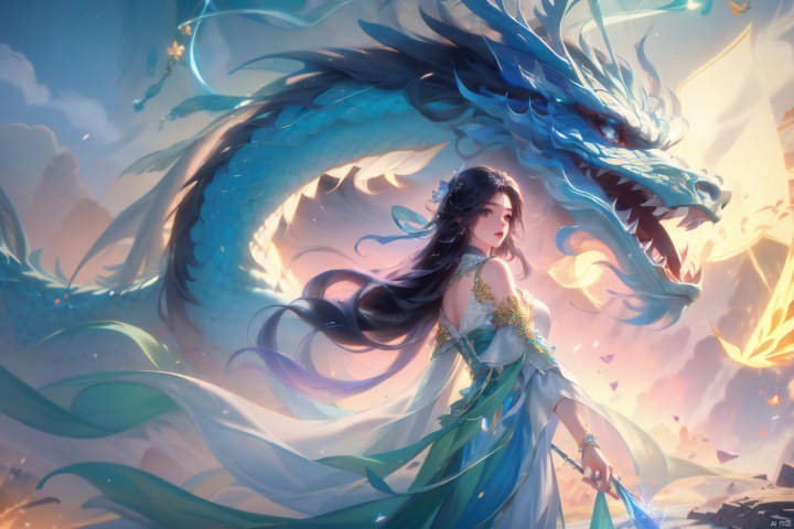  ((4k,masterpiece,best quality)), 
ruomeng135, 1girl, solo,long hair, black hair, dress, dragon, jewelery, Light master, youcai