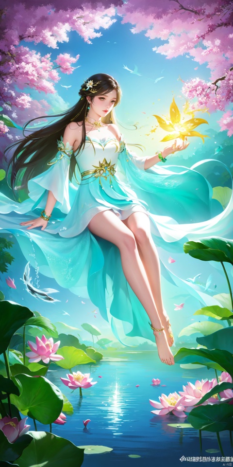 masterpiece,best quality,official art,unity 8k wallpaper,Brilliant colors,exaggerated art,
1girl,solo,bracelet,flower,long hair,water,dress,barefoot,anklet,hair,bare legs,jewelry,feet,branch,swing,flower,hair ornament,blue sky,full body,solo,sky,fish,soles,sitting,splashing,bird,toes,lotus leaves,lotus flowers,
xxe-hd