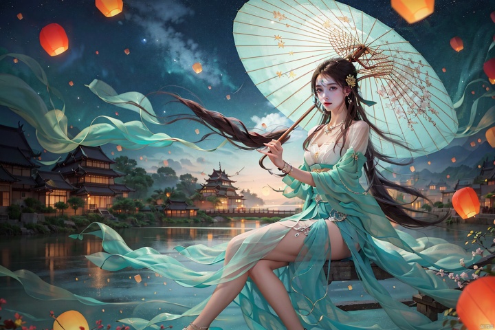  masterpiece,(best quality),official art, extremely detailed cg 8k wallpaper,((crystalstexture skin)), (extremely delicate and beautiful),highly detailed
ruomeng, full moon, moon, night, night sky, oil-paper umbrella, star \(sky\), starry sky, umbrella, sky, crescent moon, shooting star, parasol, holding umbrella, planet, lantern, paper lantern, jewelry, 1girl, long hair, red umbrella, moonlight, skyline, space, constellation, castle, hanfu, necklace, solo, building, earth \(planet\), starry sky print, bracelet, galaxy, aurora, city, cloud, pagoda, Chinese style
