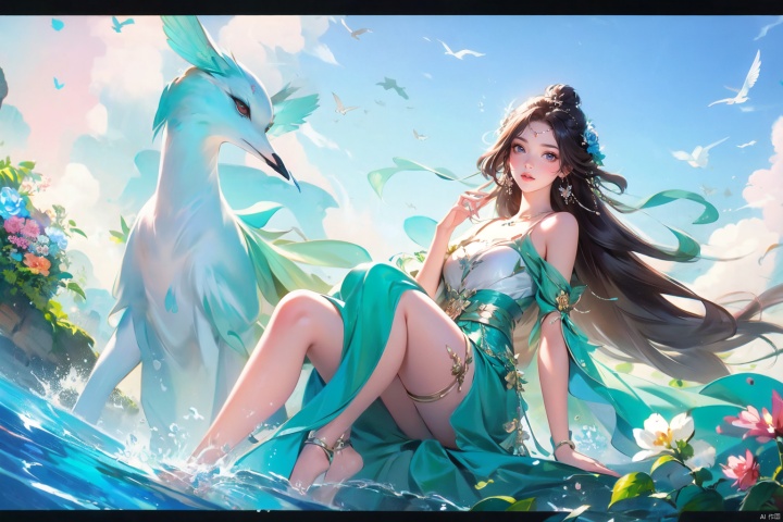  ((4k,masterpiece,best quality)), 
1 girl ,solo,yuechan ,bare shoulders,jewelry, eyelashes,eyeshadow,（mole , mole under eye:1.5),
ruomeng135,  bird, letterboxed,  seagull, flower, dove, animal, barefoot, long hair, rose, water, jewelry, anklet, blue rose, blue flower, day, dress