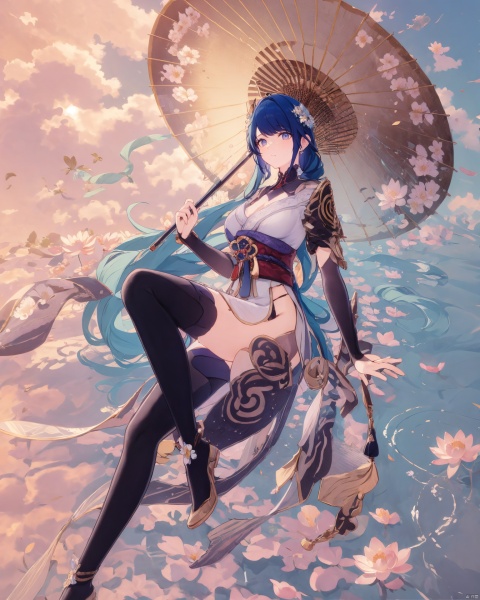  ((4k,masterpiece,best quality)), professional camera, 8k photos, wallpaper,
 a girl,full_body,purple eyes,fu_r_y,mature_female,short_twintails, solo, long hair, hair ornament, thighhighs, dress, holding, twintails, very long hair, full body, flower, sky, water, blue sky, petals, aqua hair, umbrella, chinese clothes, green dress, holding umbrella, oil-paper umbrella, pillar, lotus,Combat power on the water, blooming lotus flowers,
