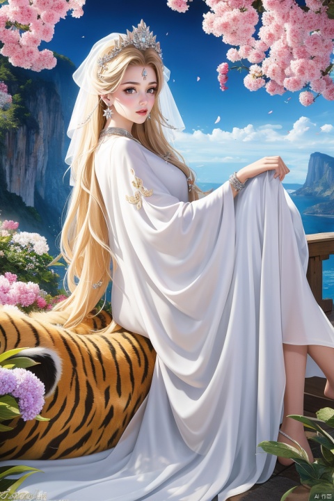 masterpiece,best quality,official art,unity 8k wallpaper,Brilliant colors,exaggerated art,
1girl, solo, long hair, looking at viewer, blonde hair, hair ornament, long sleeves, dress, brown eyes, jewelry, closed mouth, flower, white hair, earrings, white dress, from side, lips, animal, wavy hair, tiara, plant, veil, yellow flower, tiger, white tiger