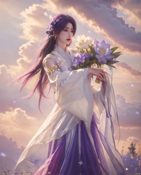  ((4k,masterpiece,best quality)), professional camera, 8k photos, wallpaper,
purple hair,1girl, solo, long hair, hair ornament, long sleeves, dress, holding, purple hair, flower, sky, wide sleeves, sparkle, night, chinese clothes, (Holding a bouquet of flowers:1.2), lotus, ruhua, youcai, meiren-red lips