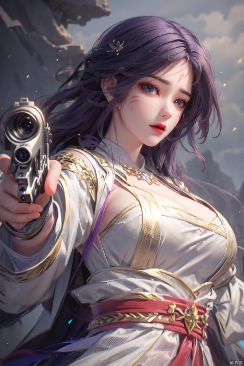  ((4k,masterpiece,best quality)), professional camera, 8k photos, wallpaper, 
 purple hair,1girl, solo, long hair, breasts, looking at viewer, blue eyes, large breasts, black hair, long sleeves, holding, cleavage, jewelry, closed mouth, upper body, weapon, belt, wide sleeves, grey background, necklace, holding weapon, gun, sash, facial mark, holding gun, handgun, aiming at viewer, meiren-red lips