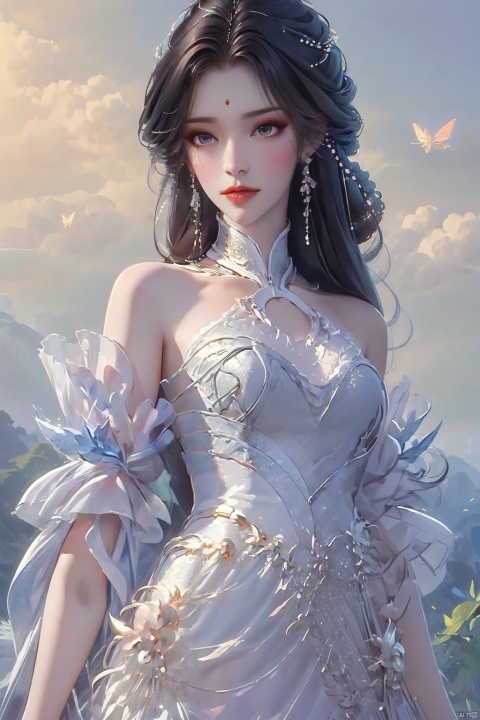  ((4k,masterpiece,best quality)), 
 professional camera, 8k photos, wallpaper,
1 girl ,solo,yuechan ,bare shoulders,jewelry, long hair, black hair, updos, hair accessoriesdress,eyelashes,eyeshadow,(mole:1.2) ,Perfect female figure,
butterfly,Flowers, , tutult, ruhua