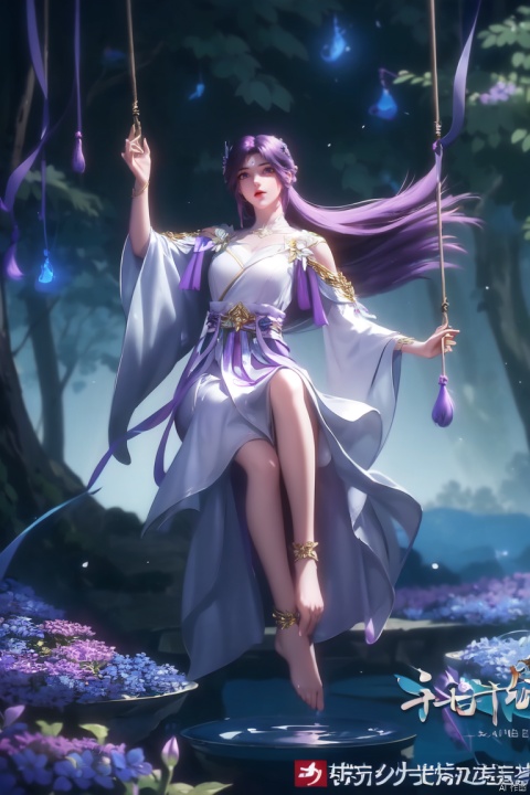 ((4k,masterpiece,best quality)),Realism,photography, 1girl, solo, long hair, Purple hair, ornament, dress, jewelry, sitting, full body, flower, barefoot, water, dress, feet, bare legs, , anklet, branch, swing, koi

