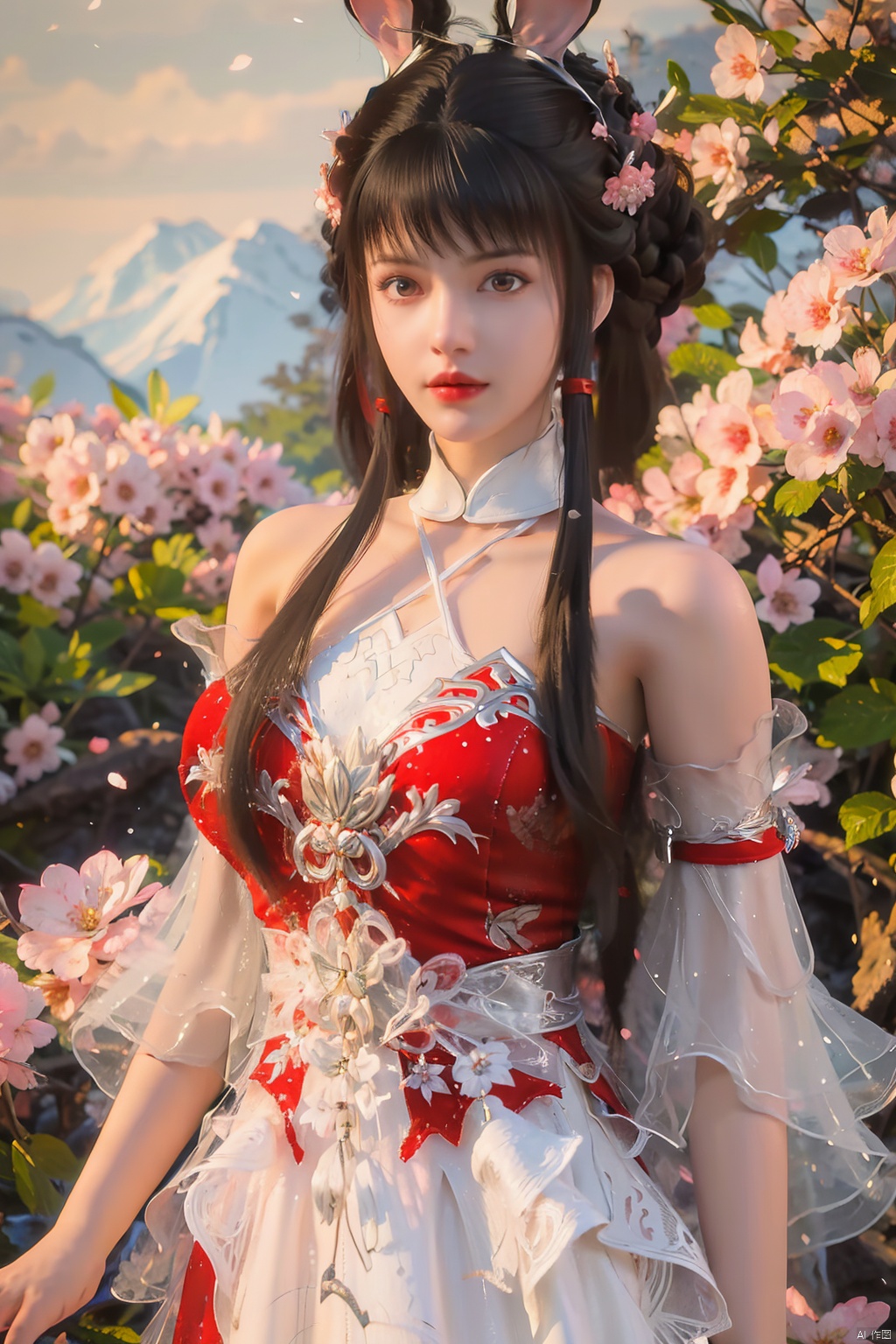 ((4k,masterpiece,best quality)), professional camera, 8k photos, wallpaper, 
 1girl, solo, long hair, breasts, hair ornament, red eyes, thighhighs, (red_dress:1.3), animal ears, bare shoulders, standing, full body, white pantyhose:1.5),flower, outdoors, sky, day, hair flower, water, hair bun, rabbit ears, high heels, white thighhighs, tree, see-through, petals, double bun, short dress, white footwear, cherry blossoms, pink dress, mountain, rabbit girl, meiren-red lips