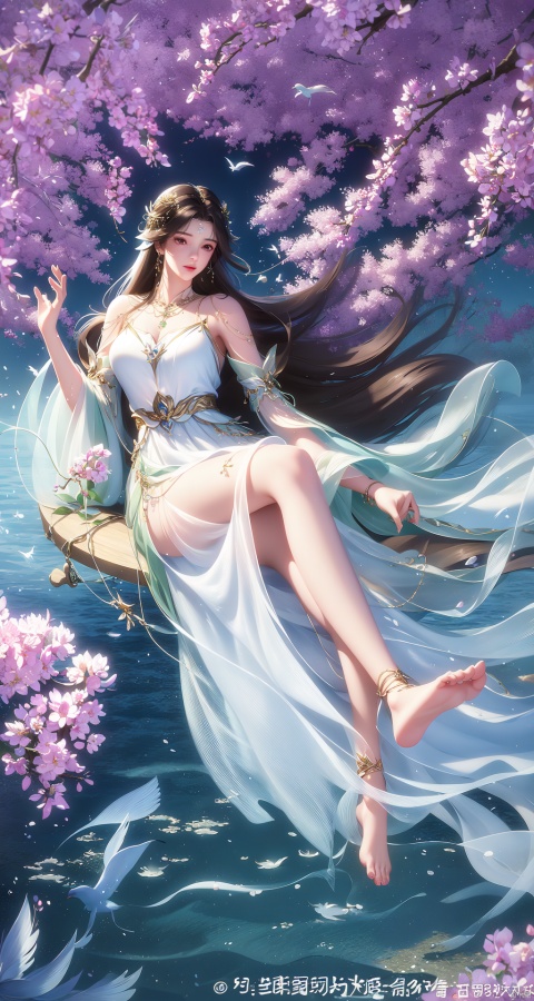 ((4k,masterpiece,best quality)),Realism,photography,
1girl, long hair, water, dress, barefoot, anklet, brown hair, bare legs, jewelry, feet, branch, swing, flower, hair ornament, blue sky, full body, solo, sky, white dress, fish, soles, sitting, splashing, bird, toes, green dress